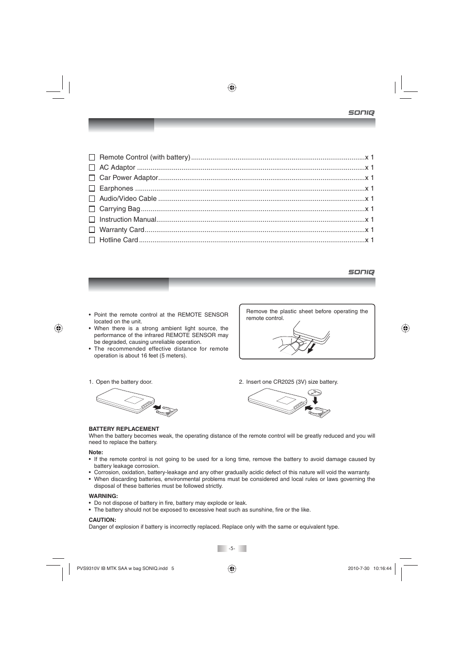 Accessories remote control | SONIQ PD100 User Manual | Page 5 / 19