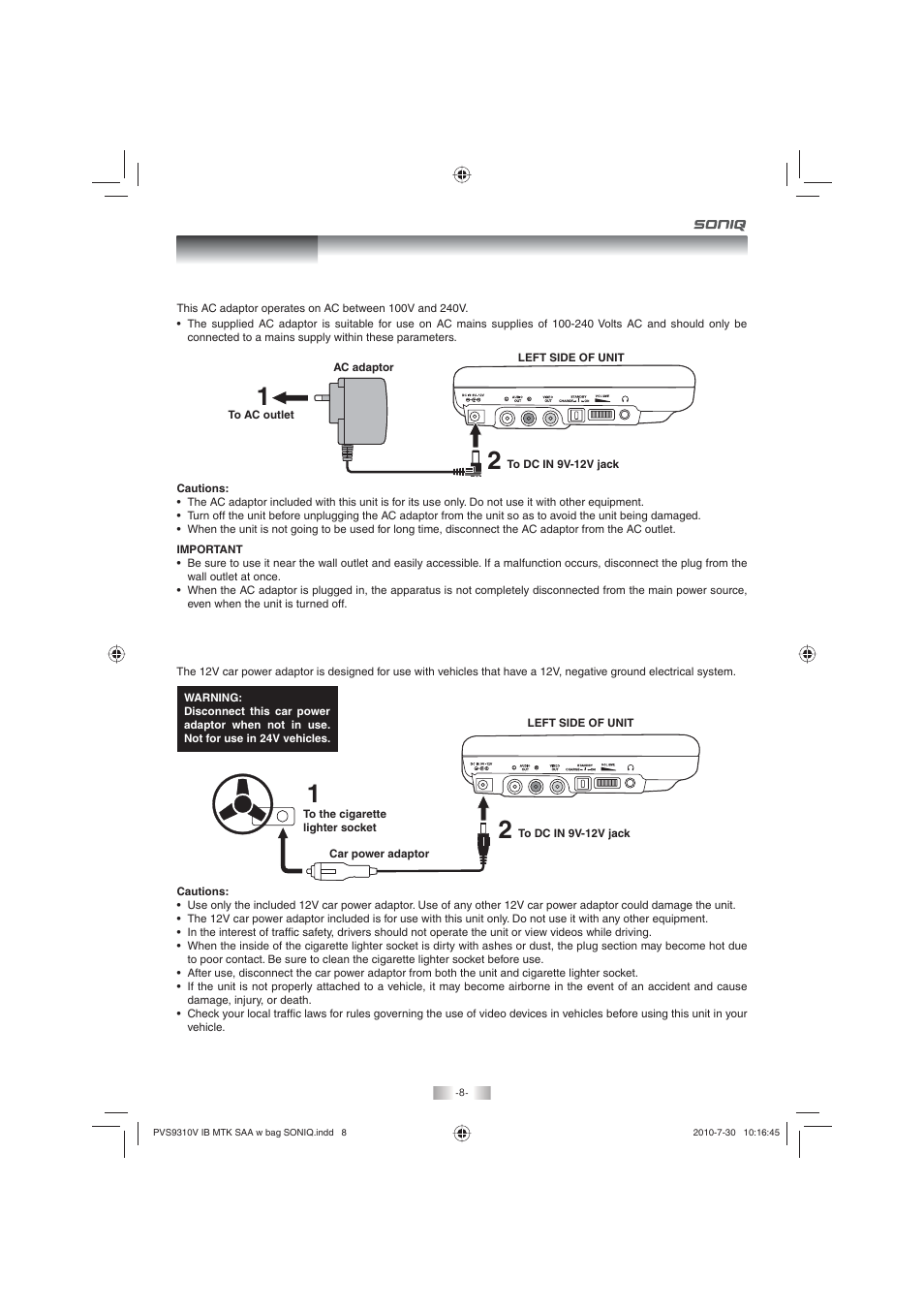 Power supply | SONIQ PD100 User Manual | Page 8 / 19