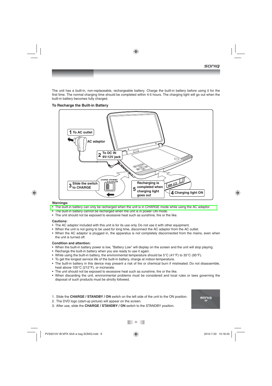 Power supply | SONIQ PD100 User Manual | Page 9 / 19