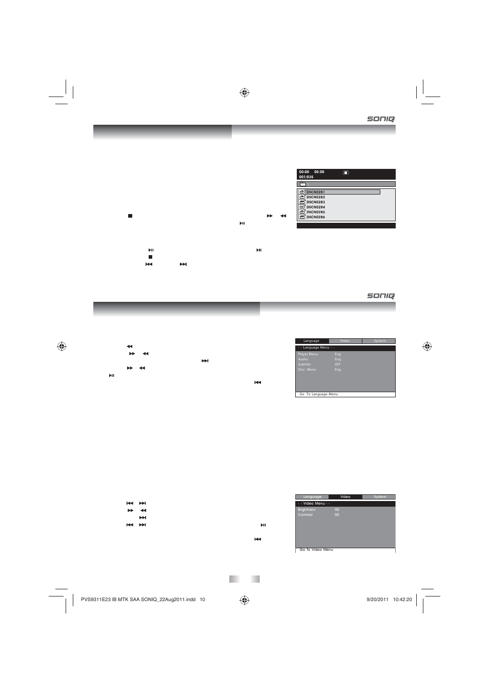 Viewing jpeg files, Language setup, Video setup | SONIQ PD101 User Manual | Page 10 / 12