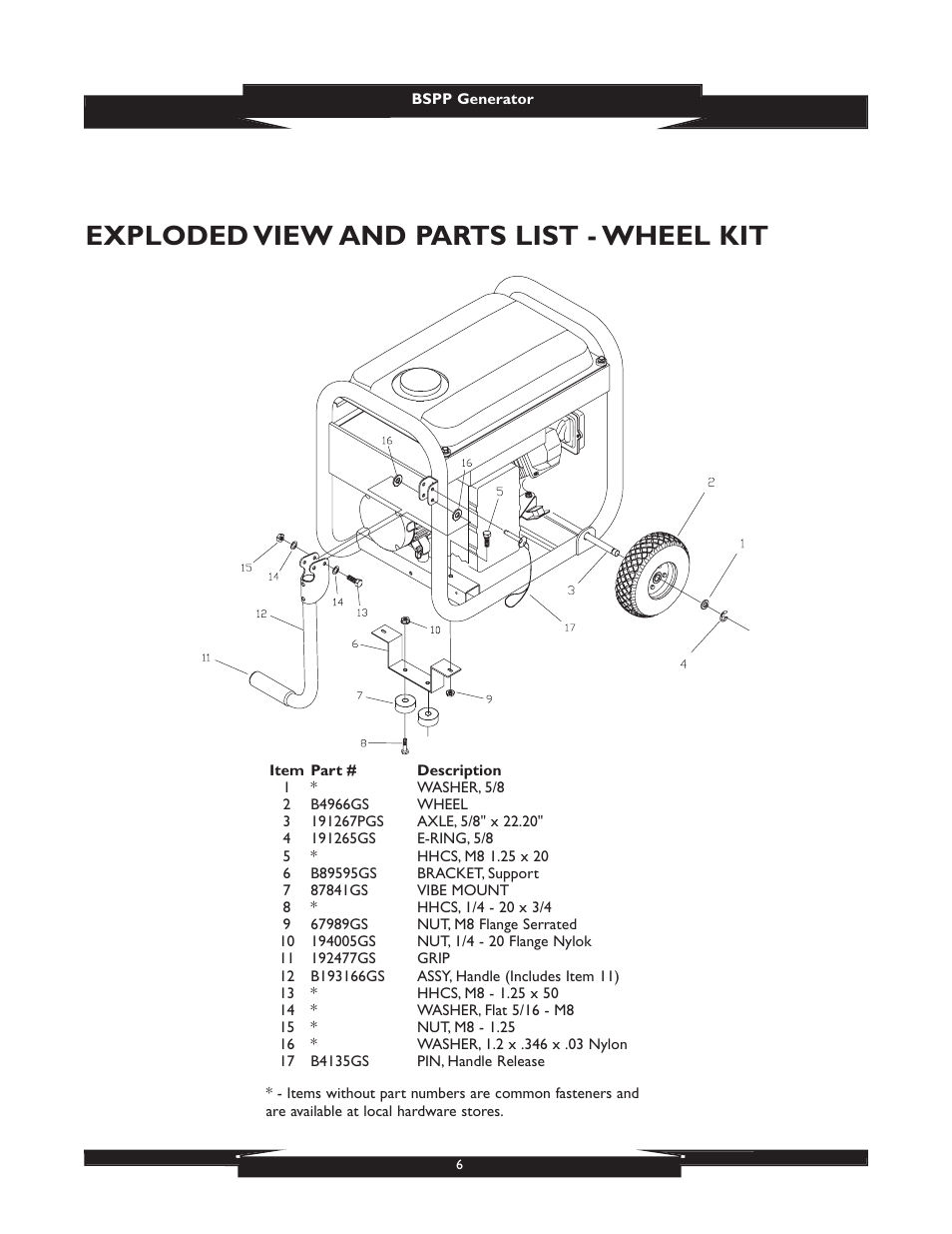 Exploded view and parts list - wheel kit | Briggs & Stratton 01932 User Manual | Page 6 / 6