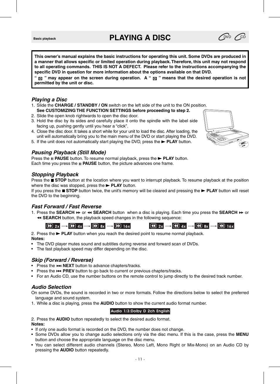 Playing a disc | SONIQ QMD110GB User Manual | Page 12 / 20