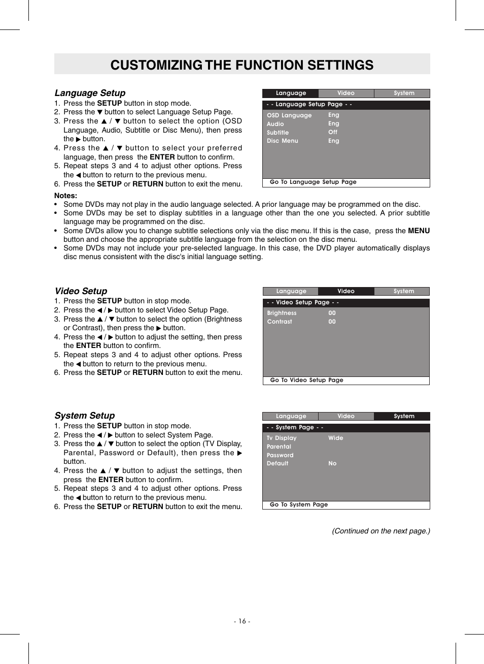 Customizing the function settings, Language setup, System setup | Video setup | SONIQ QMD110GB User Manual | Page 17 / 20