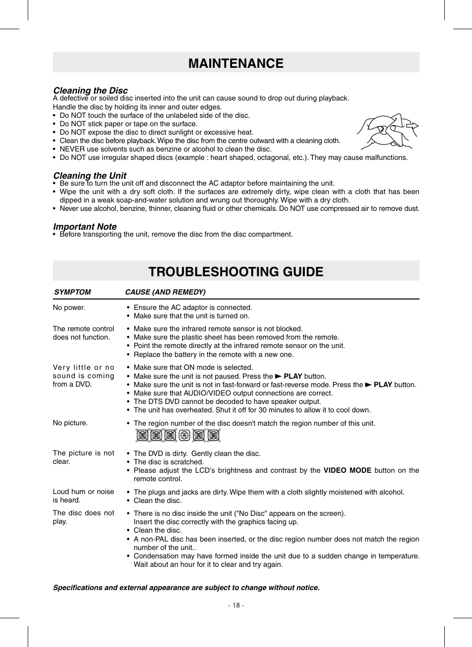Maintenance, Troubleshooting guide | SONIQ QMD110GB User Manual | Page 19 / 20