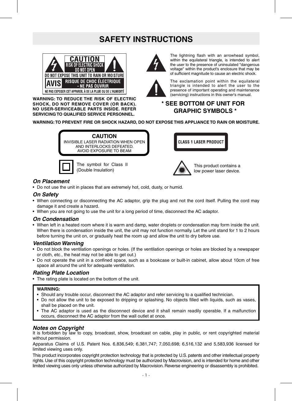 Safety instructions, See bottom of unit for graphic symbols | SONIQ QMD110GB User Manual | Page 2 / 20