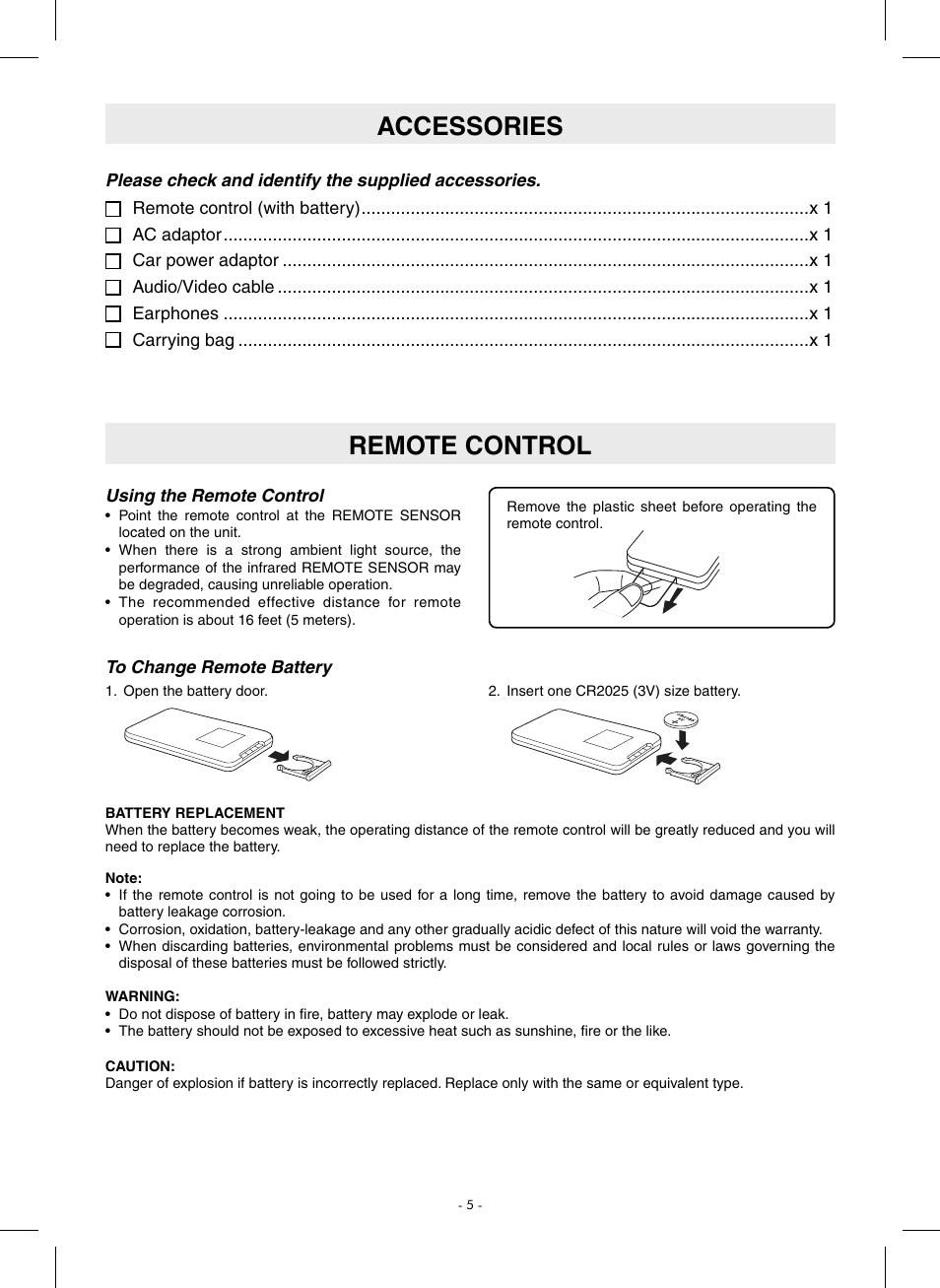 Accessories, Remote control | SONIQ QMD110GB User Manual | Page 6 / 20