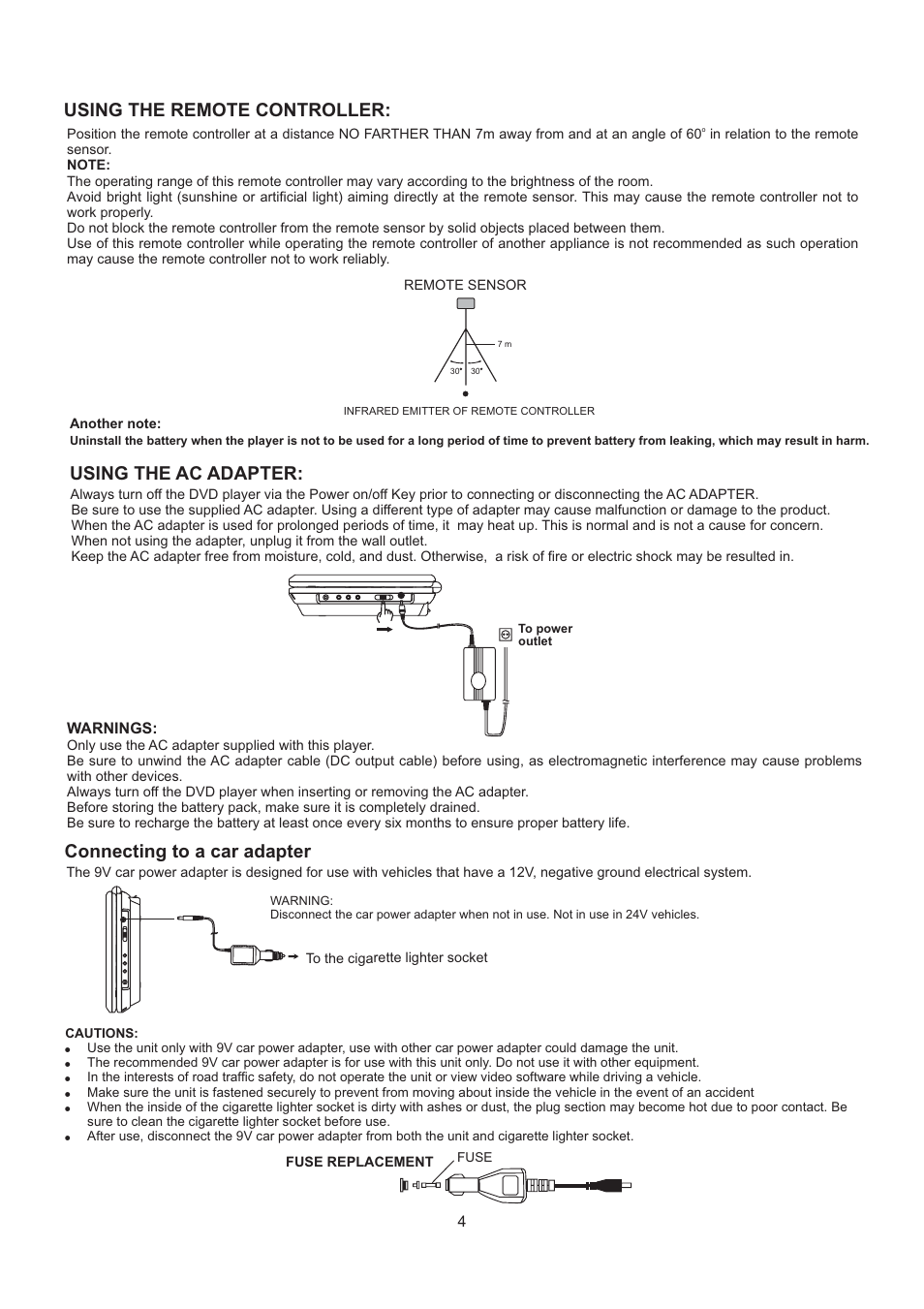 Using the remote controller, Using the ac adapter, Connecting to a car adapter | SONIQ QMD70B User Manual | Page 5 / 12