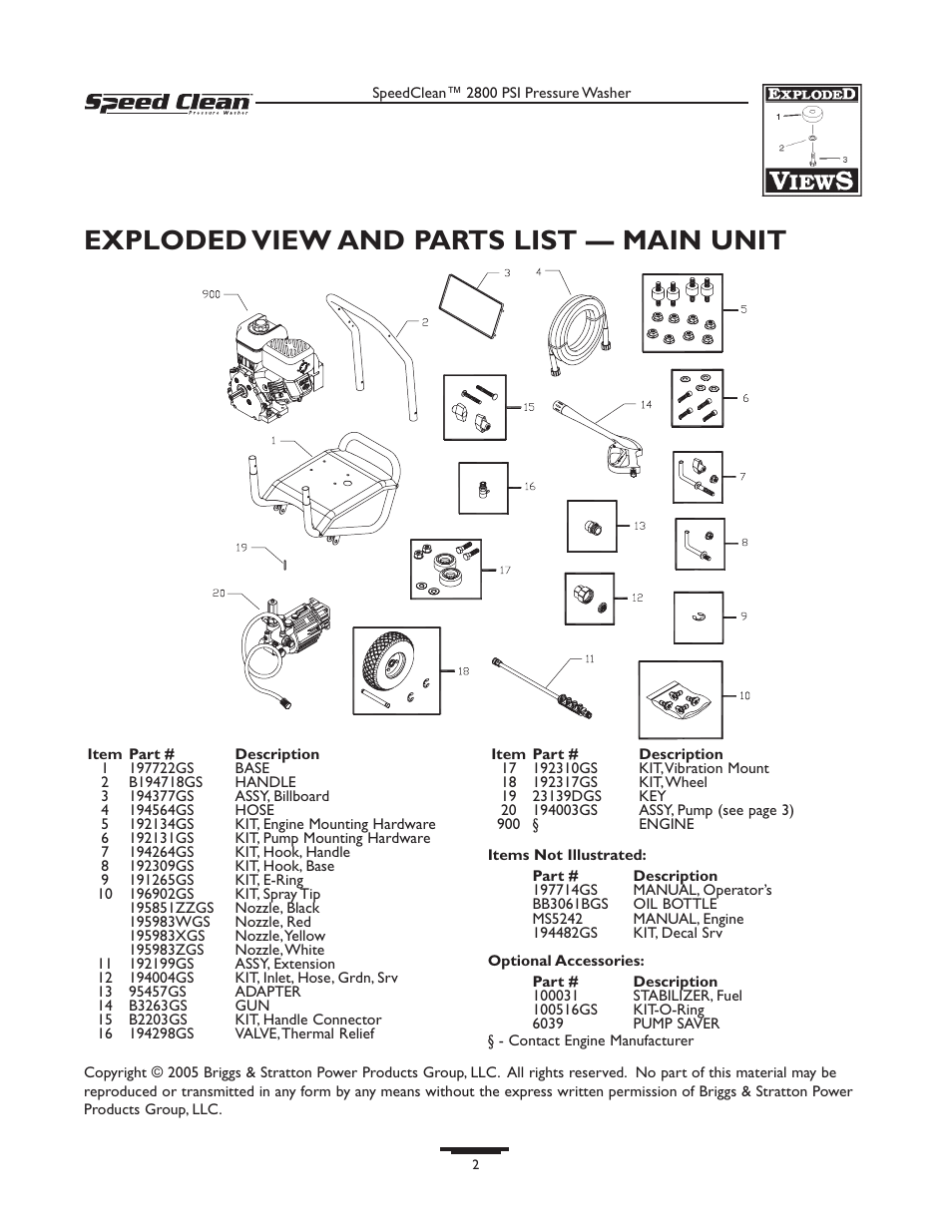 Exploded view and parts list — main unit | Briggs & Stratton Speed Clean 020212-1 User Manual | Page 2 / 3