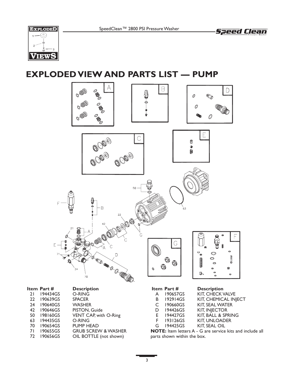 Exploded view and parts list — pump | Briggs & Stratton Speed Clean 020212-1 User Manual | Page 3 / 3