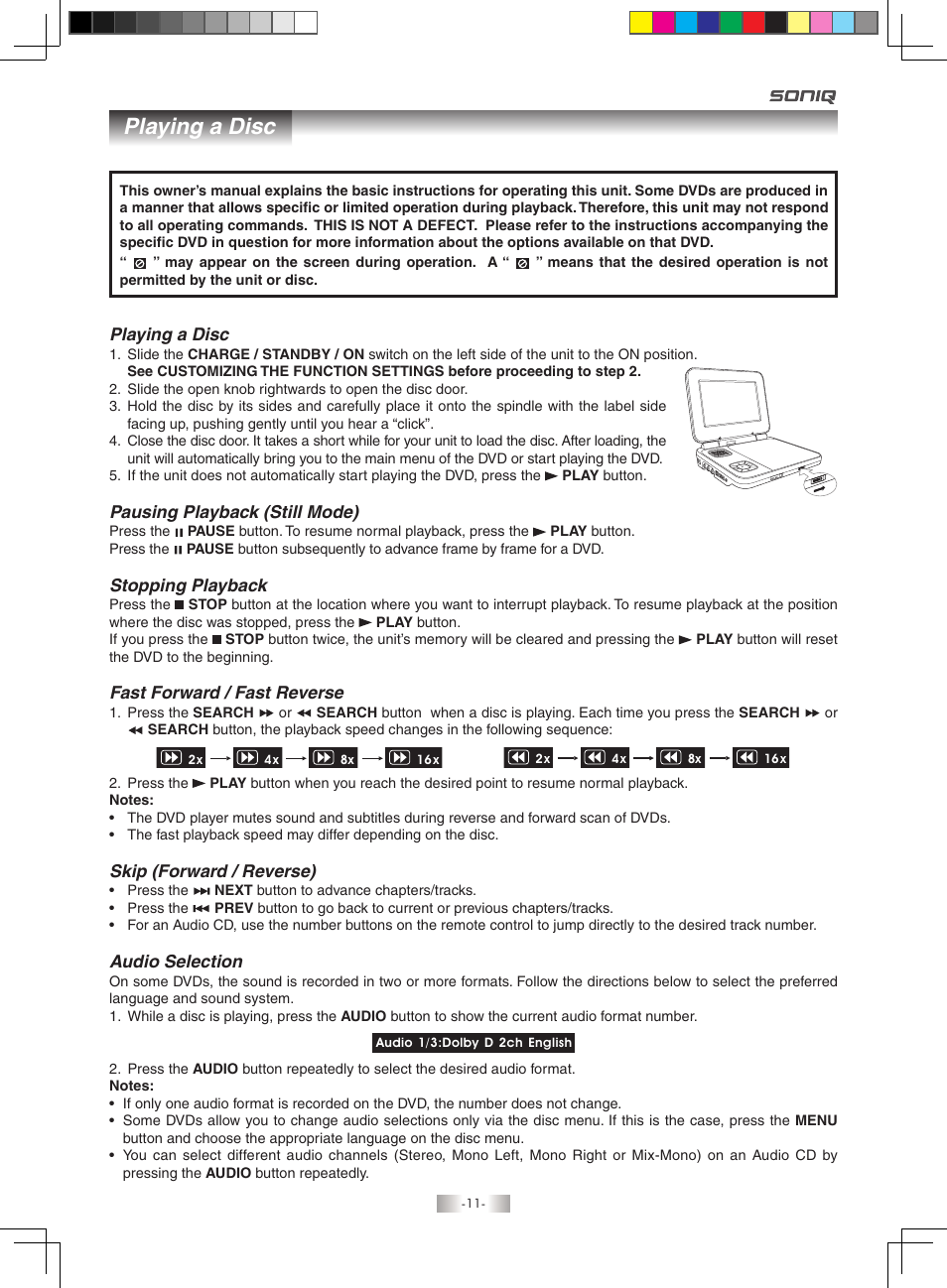 Playing a disc | SONIQ QMD71B User Manual | Page 11 / 19