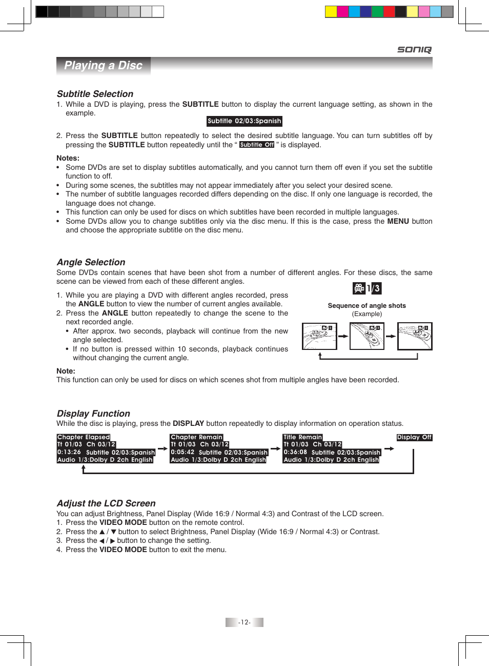 Playing a disc, Adjust the lcd screen, Display function | Angle selection, Subtitle selection | SONIQ QMD71B User Manual | Page 12 / 19