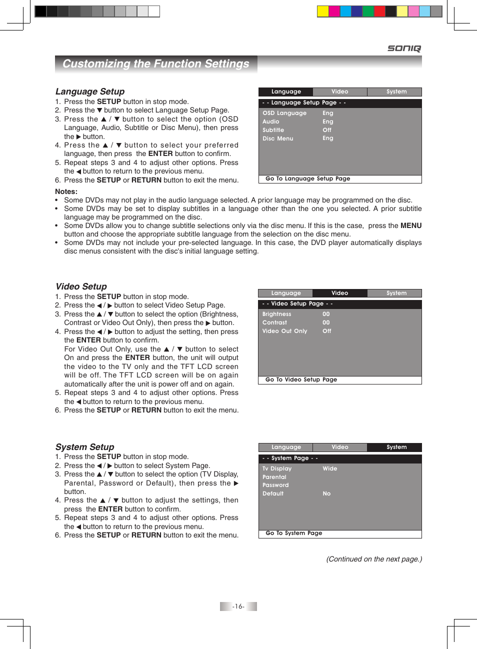 Customizing the function settings, Language setup, System setup | Video setup | SONIQ QMD71B User Manual | Page 16 / 19