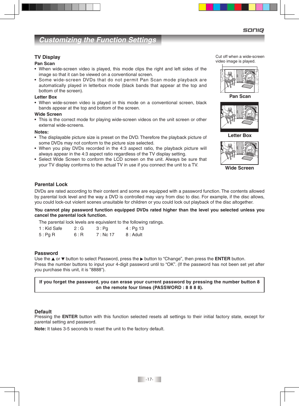 Customizing the function settings | SONIQ QMD71B User Manual | Page 17 / 19