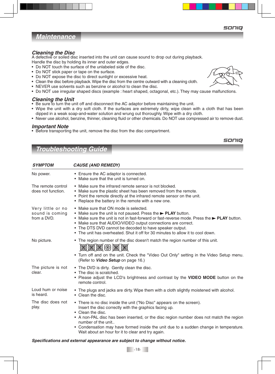 Maintenance troubleshooting guide | SONIQ QMD71B User Manual | Page 18 / 19