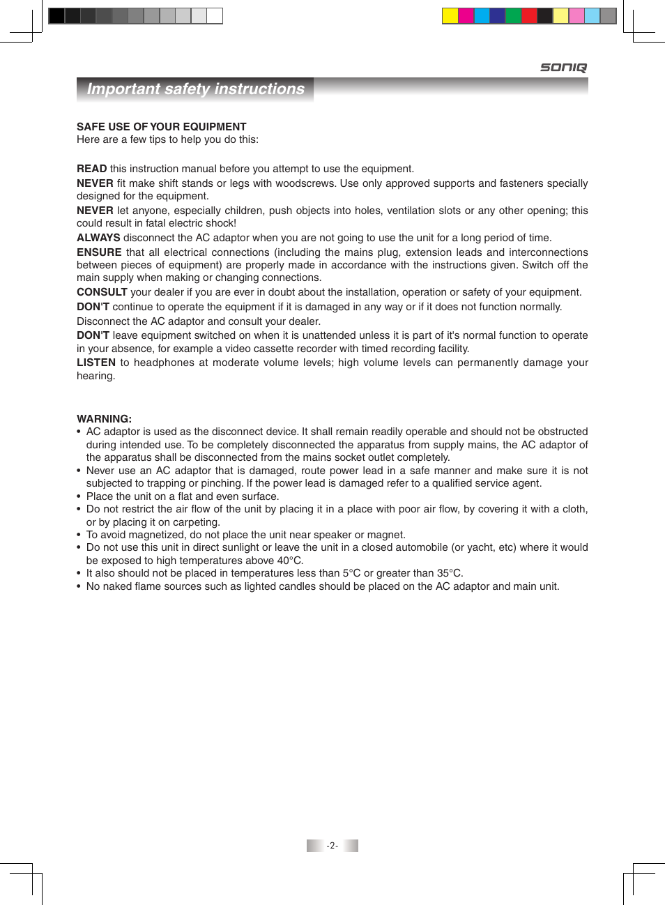 Important safety instructions | SONIQ QMD71B User Manual | Page 2 / 19