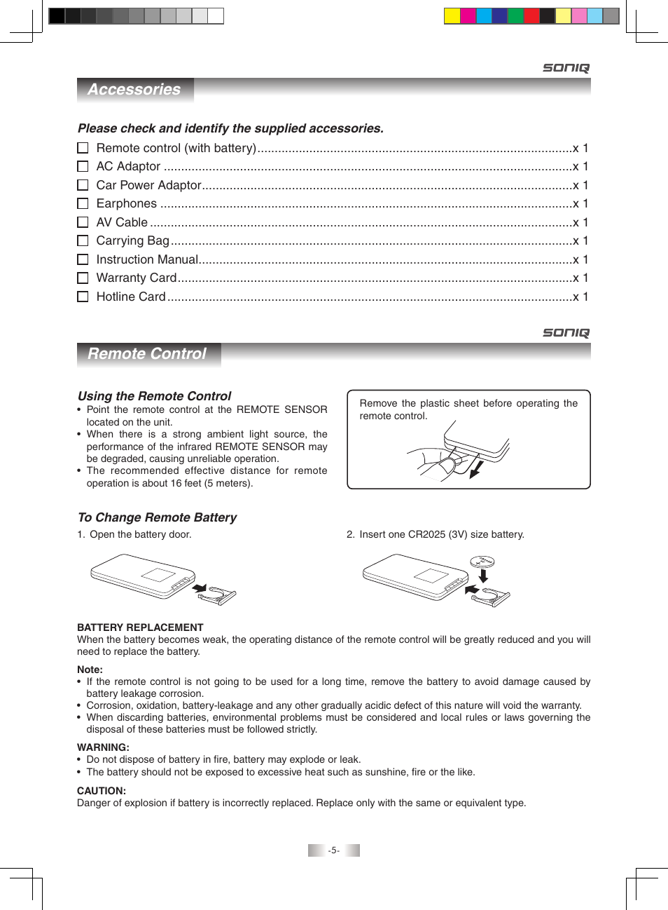 Accessories remote control | SONIQ QMD71B User Manual | Page 5 / 19