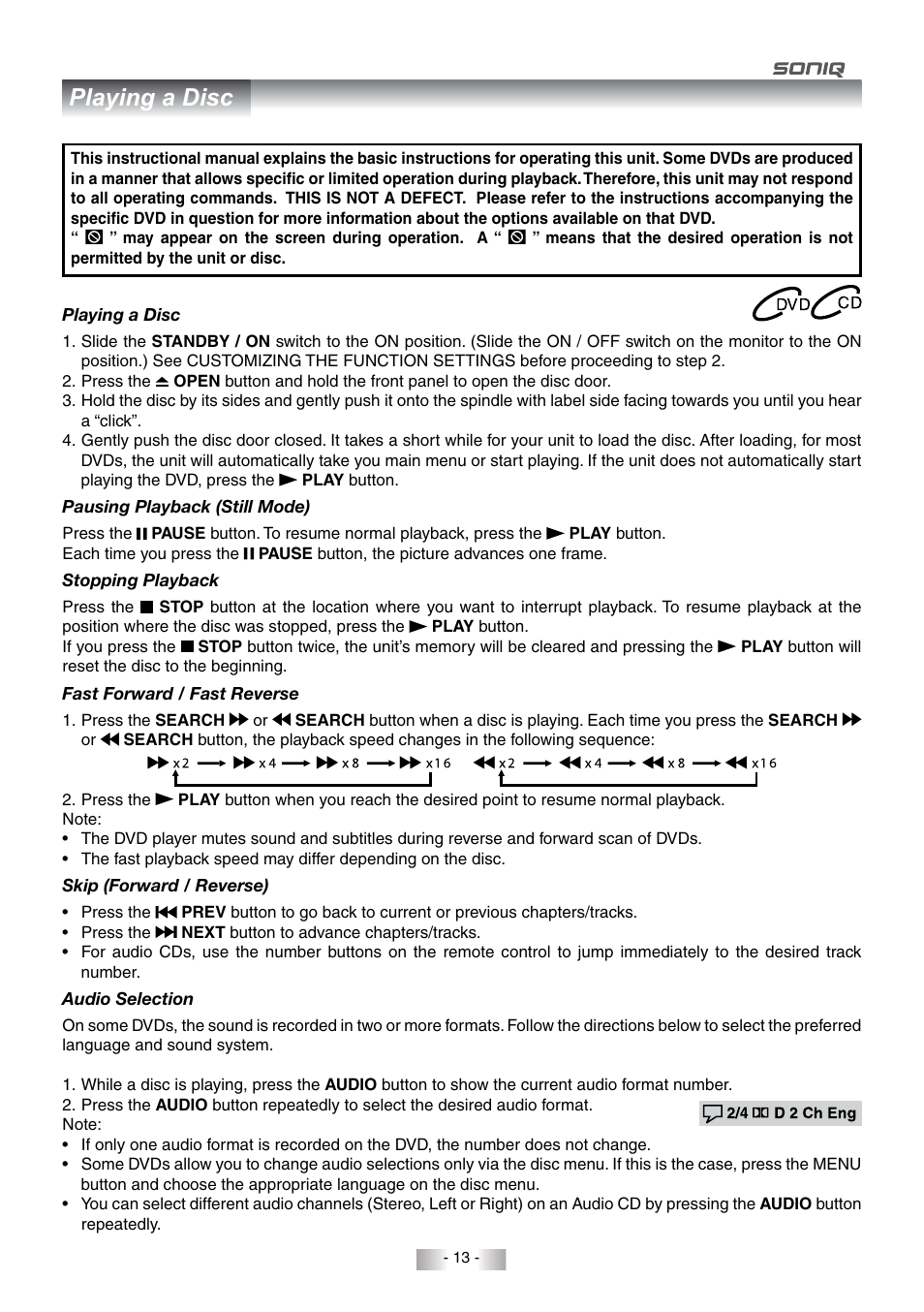 Playing a disc | SONIQ QMD78DS User Manual | Page 14 / 24