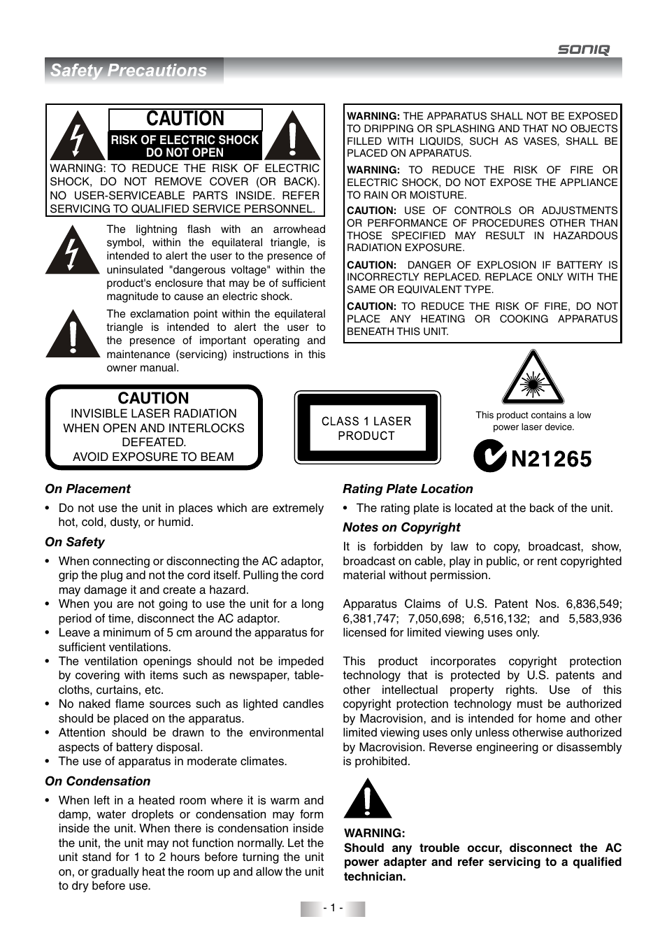 Safety precautions, Caution | SONIQ QMD78DS User Manual | Page 2 / 24