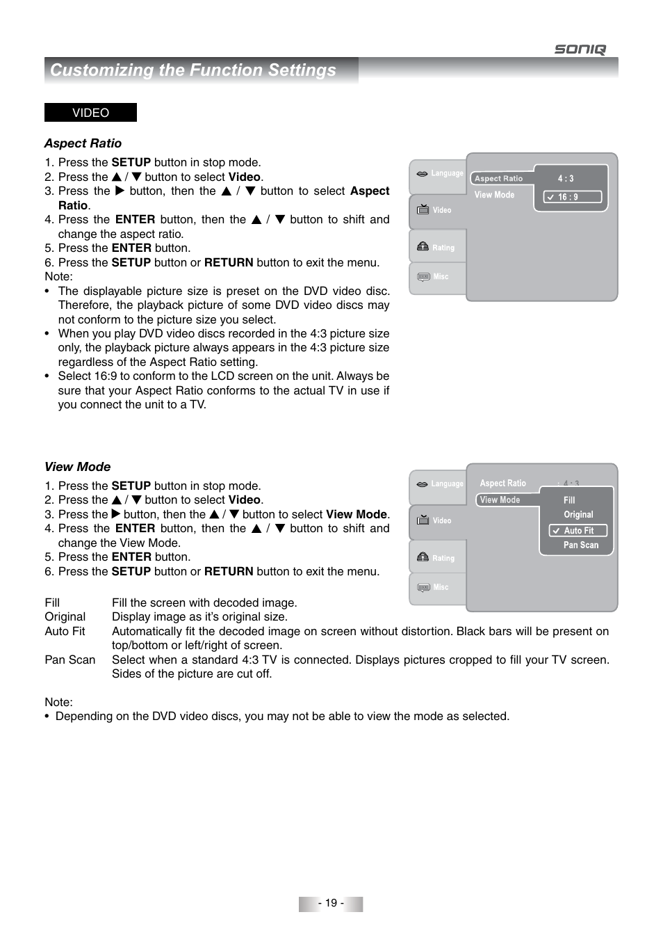 Customizing the function settings | SONIQ QMD78DS User Manual | Page 20 / 24