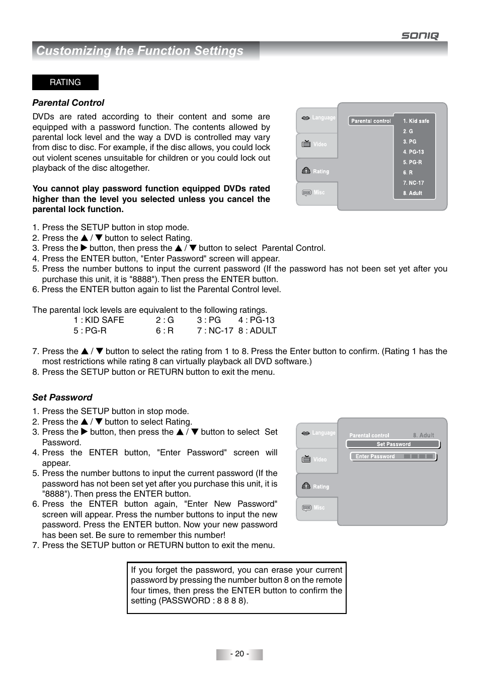 Customizing the function settings | SONIQ QMD78DS User Manual | Page 21 / 24