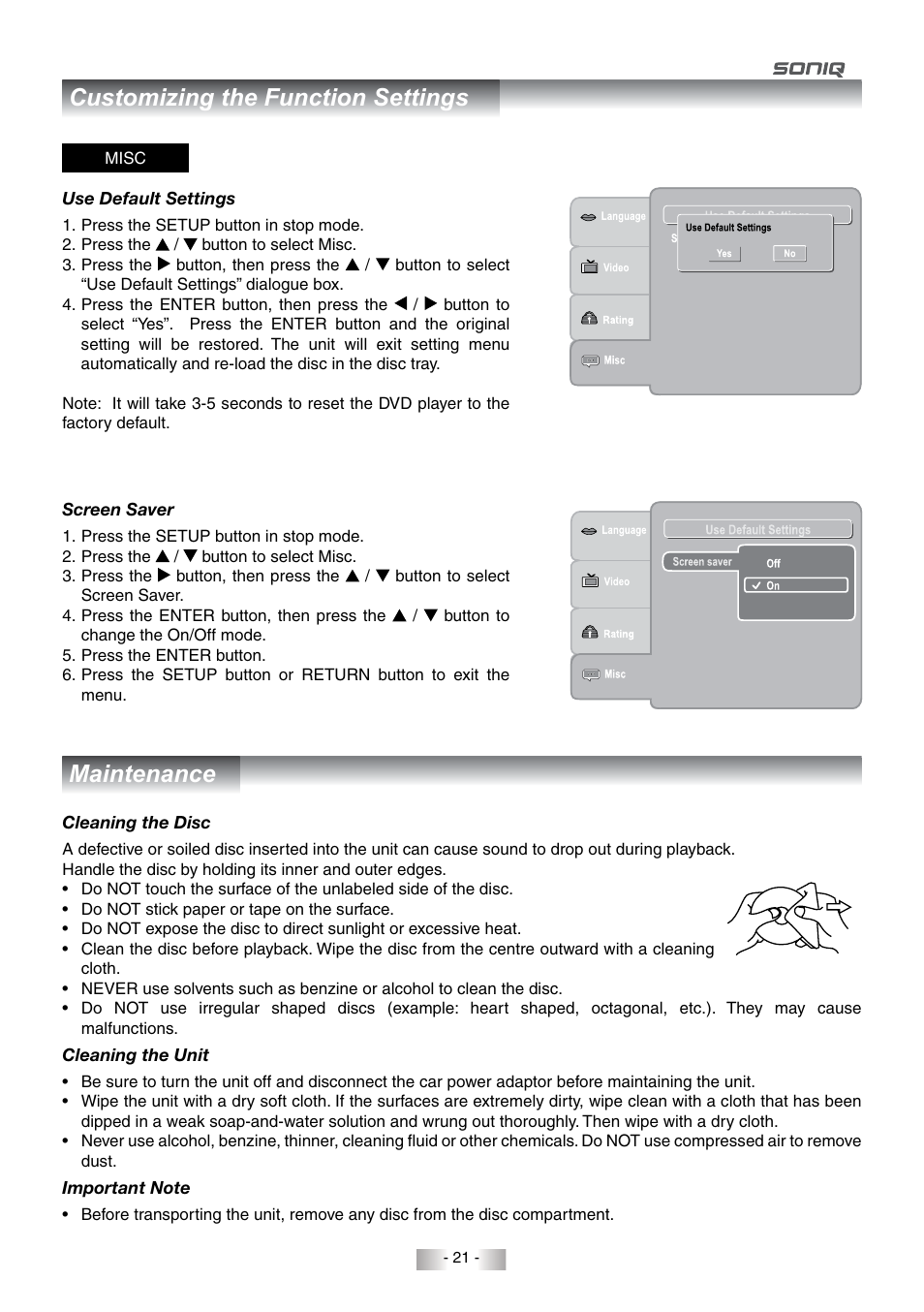 Customizing the function settings maintenance | SONIQ QMD78DS User Manual | Page 22 / 24
