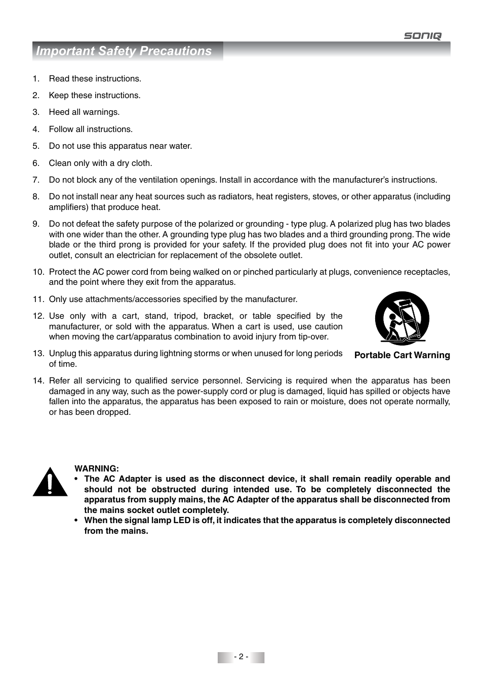 Important safety precautions | SONIQ QMD78DS User Manual | Page 3 / 24