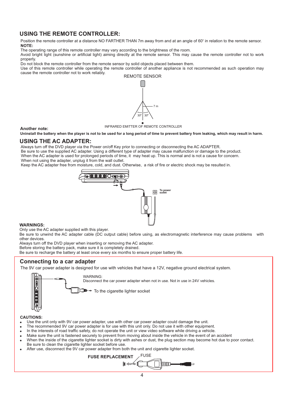 Using the remote controller, Using the ac adapter, Connecting to a car adapter | SONIQ QMD90B User Manual | Page 5 / 12