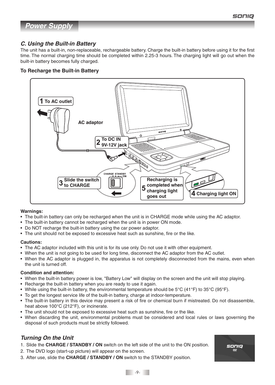 Power supply | SONIQ QMD93B User Manual | Page 10 / 21