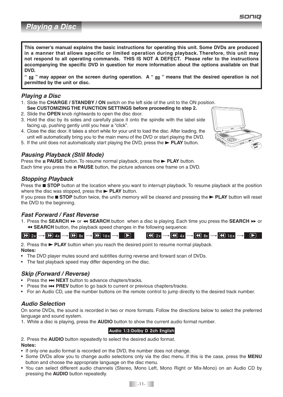 Playing a disc | SONIQ QMD93B User Manual | Page 12 / 21