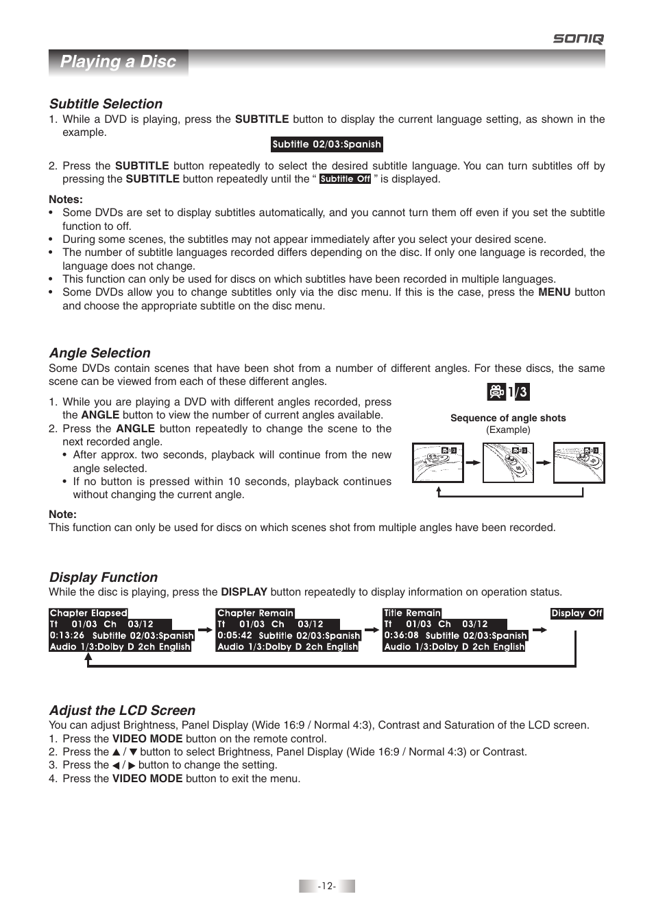 Playing a disc, Adjust the lcd screen, Display function | Angle selection, Subtitle selection | SONIQ QMD93B User Manual | Page 13 / 21