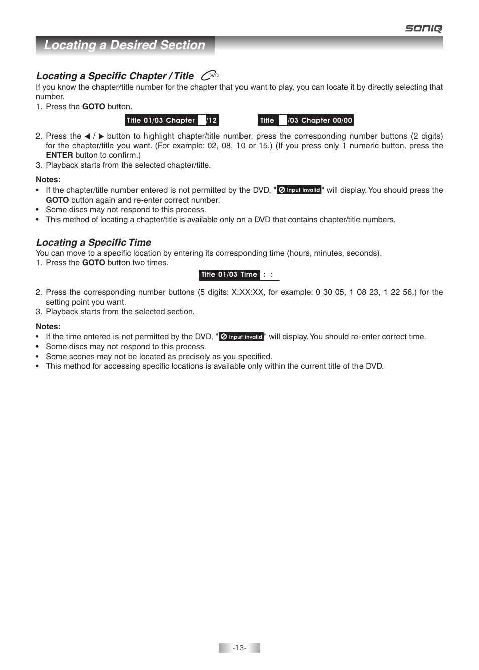 Locating a specific chapter / title, Locating a specific time | SONIQ QMD93B User Manual | Page 14 / 21