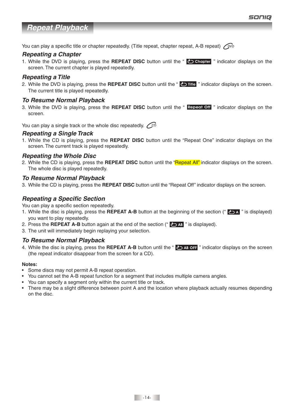 Repeat playback | SONIQ QMD93B User Manual | Page 15 / 21