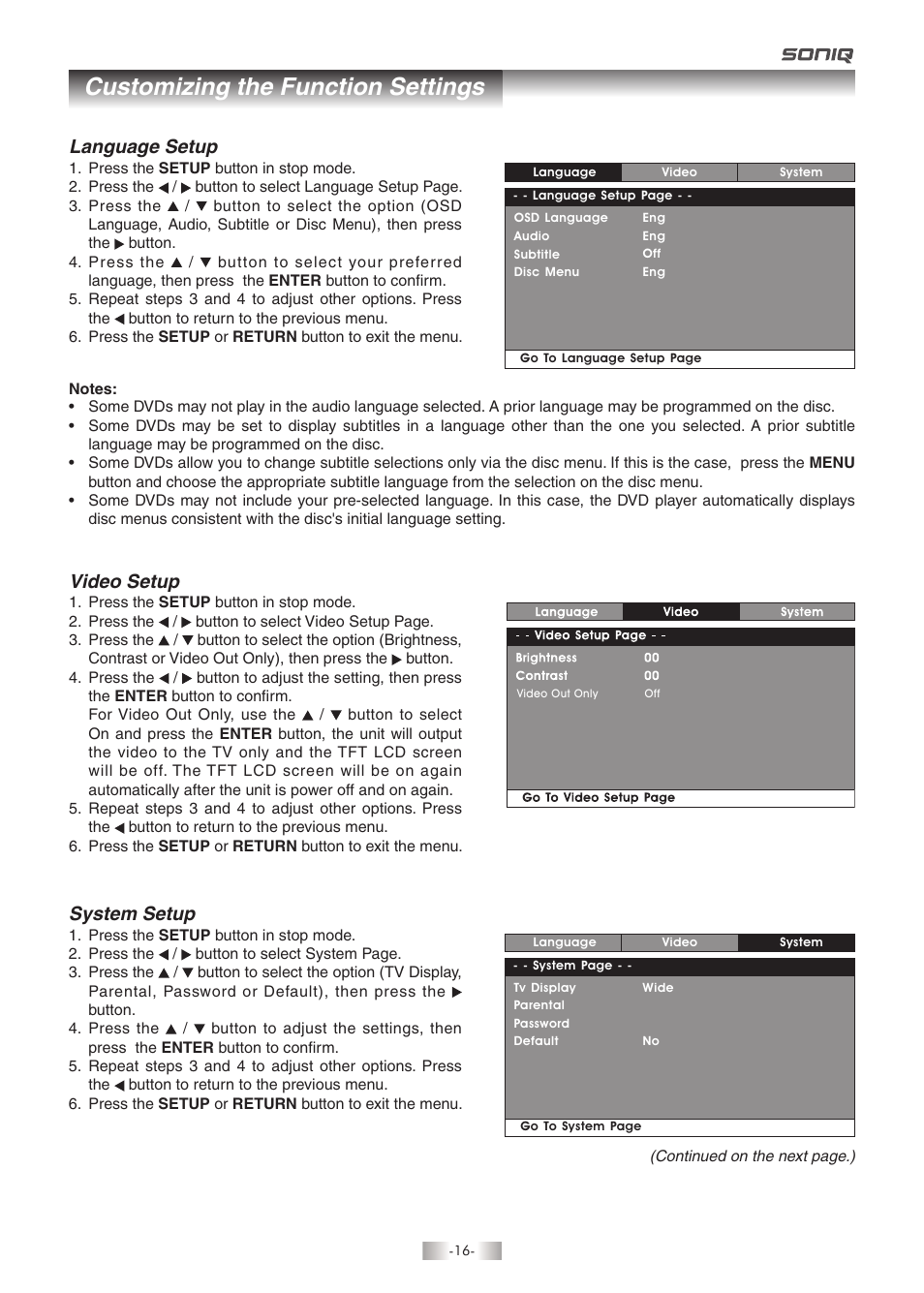 Customizing the function settings, Language setup, System setup | Video setup | SONIQ QMD93B User Manual | Page 17 / 21