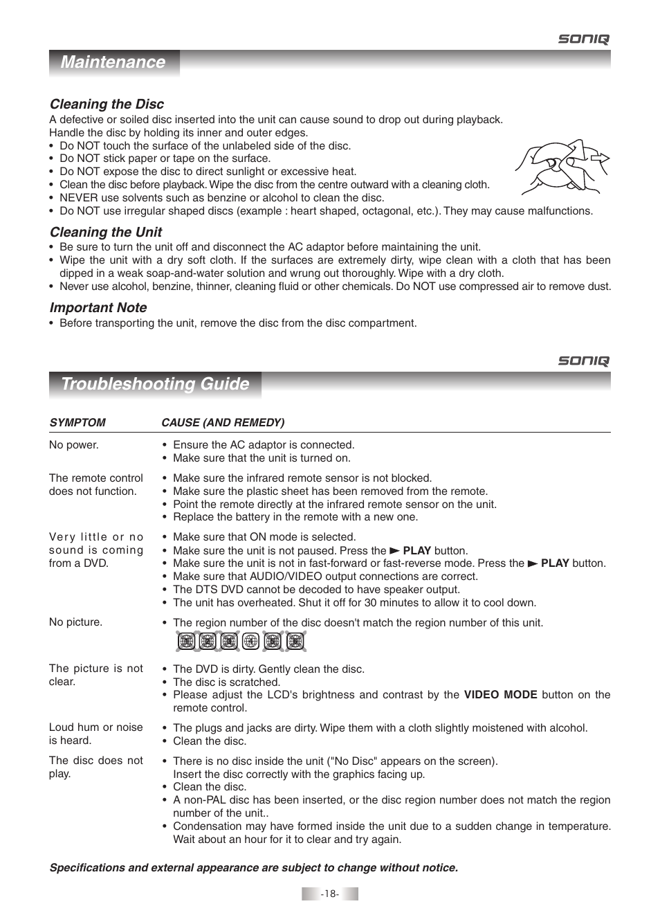 Maintenance troubleshooting guide | SONIQ QMD93B User Manual | Page 19 / 21