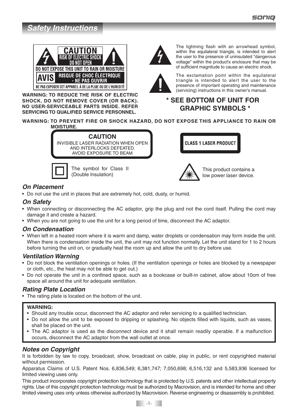 Safety instructions, See bottom of unit for graphic symbols | SONIQ QMD93B User Manual | Page 2 / 21