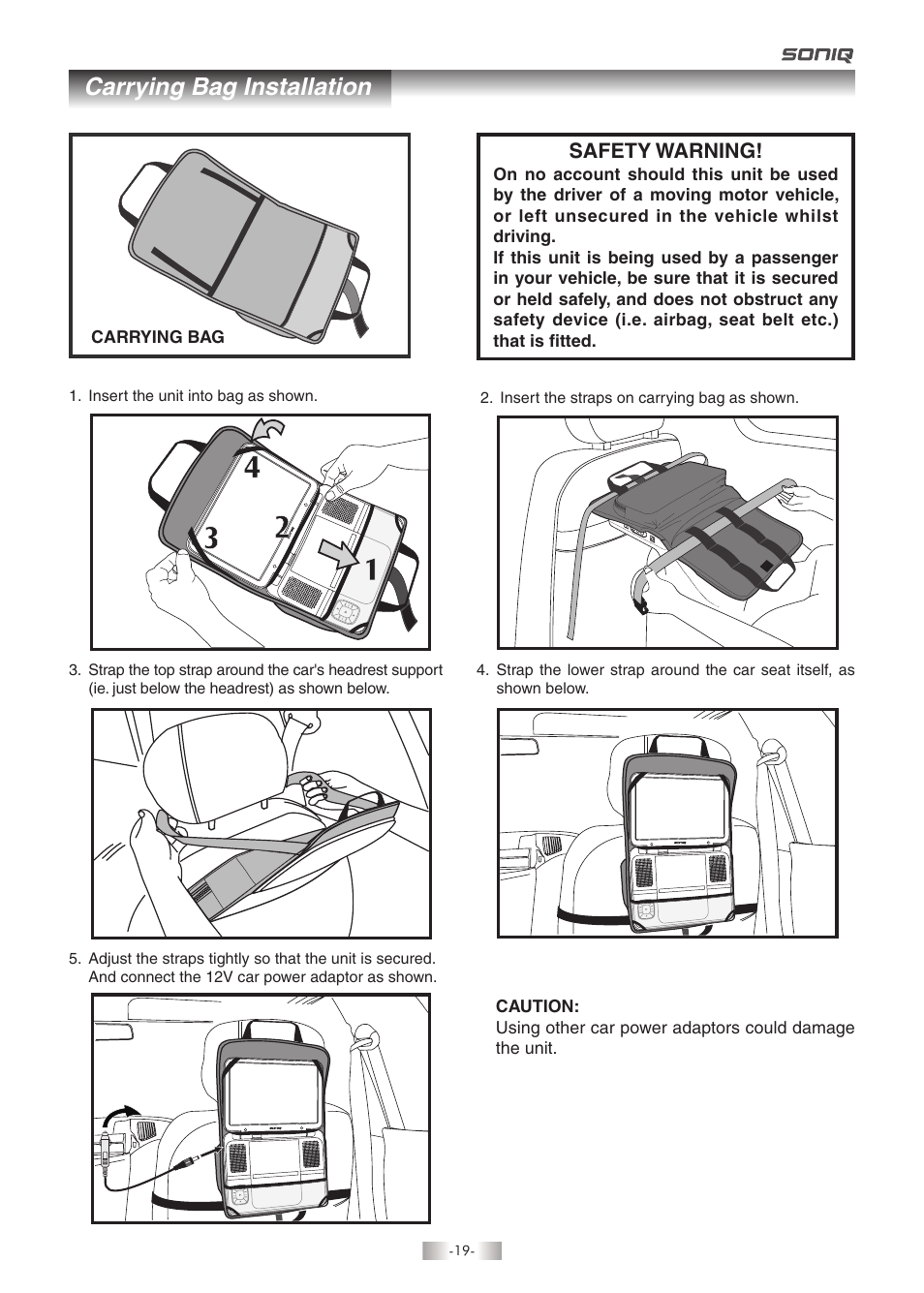 Carrying bag installation, Safety warning | SONIQ QMD93B User Manual | Page 20 / 21