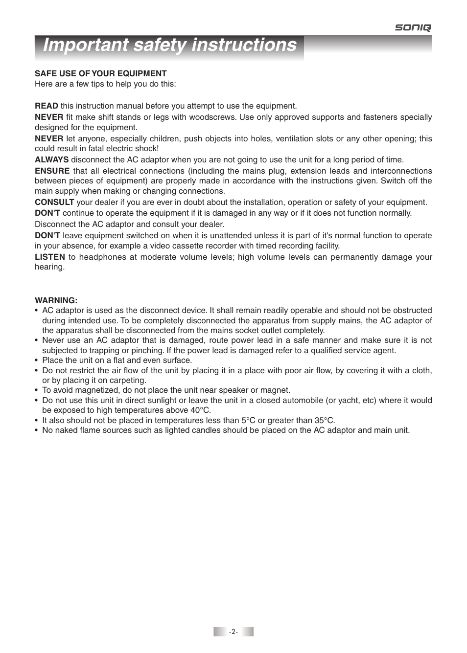 Important safety instructions | SONIQ QMD93B User Manual | Page 3 / 21
