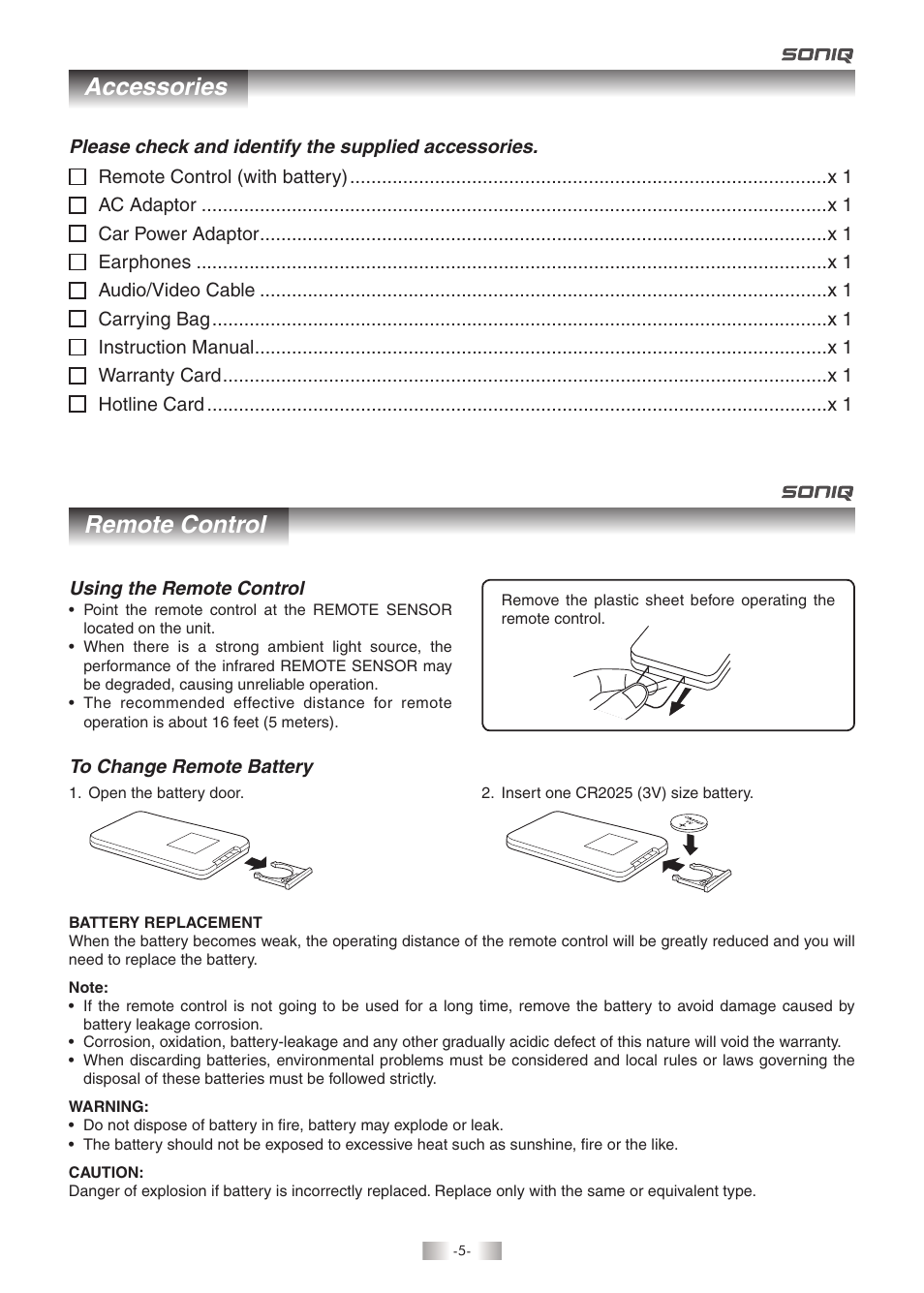 Accessories remote control | SONIQ QMD93B User Manual | Page 6 / 21