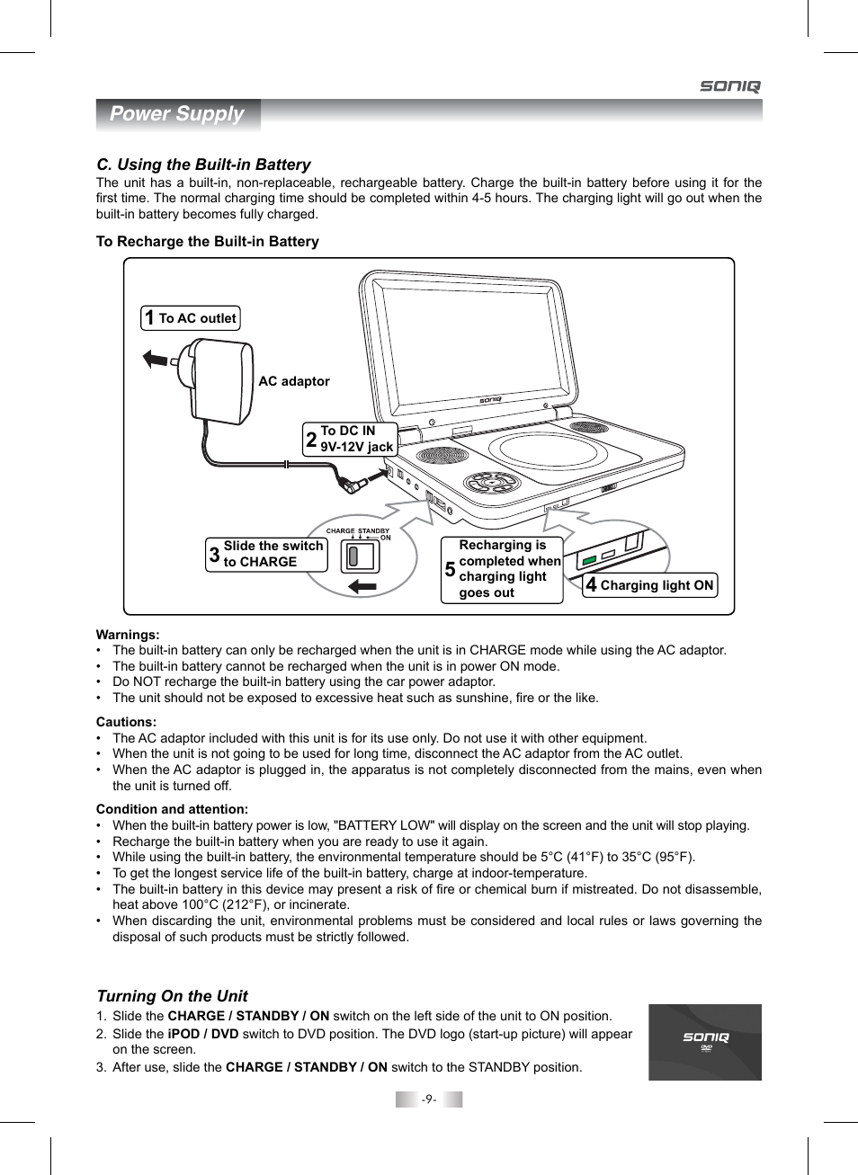 Power supply | SONIQ QMI92GB User Manual | Page 10 / 24