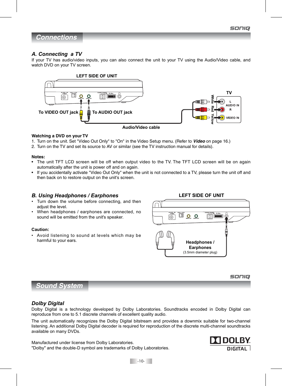 Connections sound system | SONIQ QMI92GB User Manual | Page 11 / 24