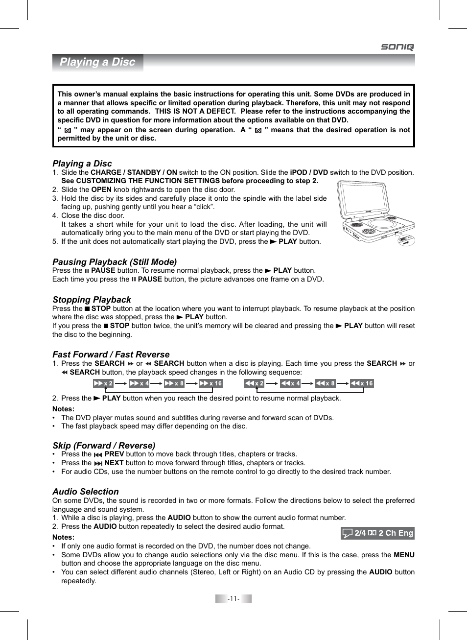 Playing a disc | SONIQ QMI92GB User Manual | Page 12 / 24