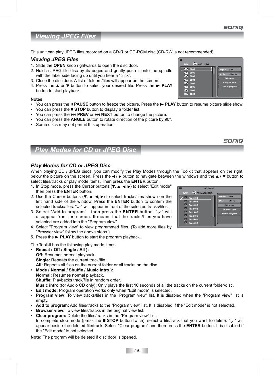 Viewing jpeg files play modes for cd or jpeg disc | SONIQ QMI92GB User Manual | Page 16 / 24