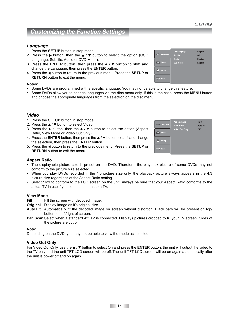 Customizing the function settings | SONIQ QMI92GB User Manual | Page 17 / 24