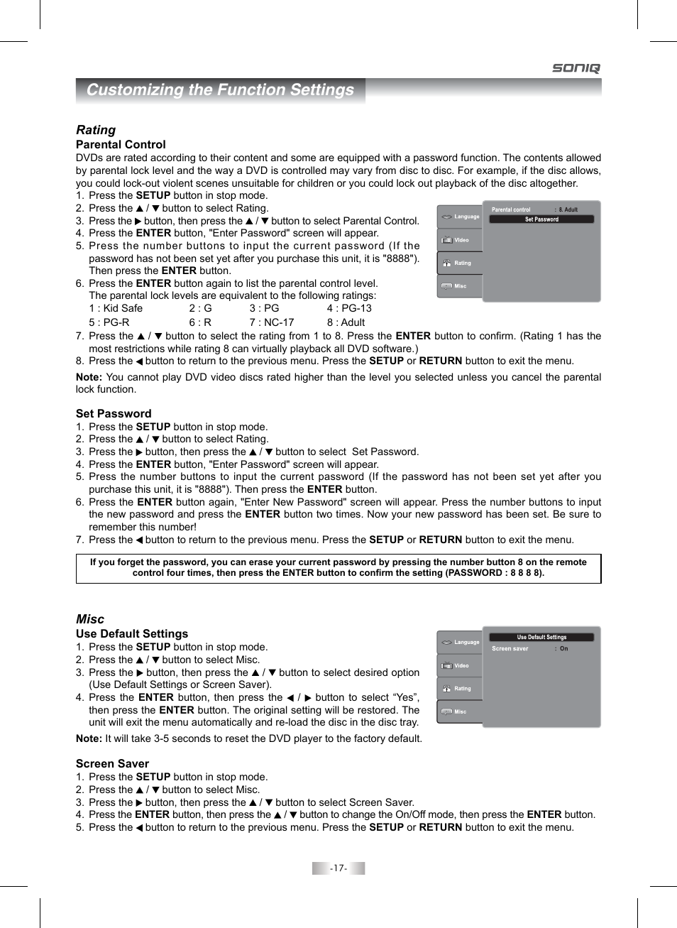 Customizing the function settings | SONIQ QMI92GB User Manual | Page 18 / 24