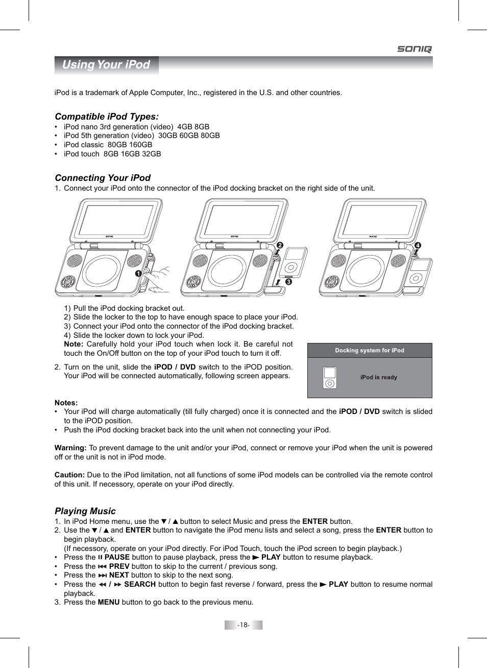 Using your ipod | SONIQ QMI92GB User Manual | Page 19 / 24