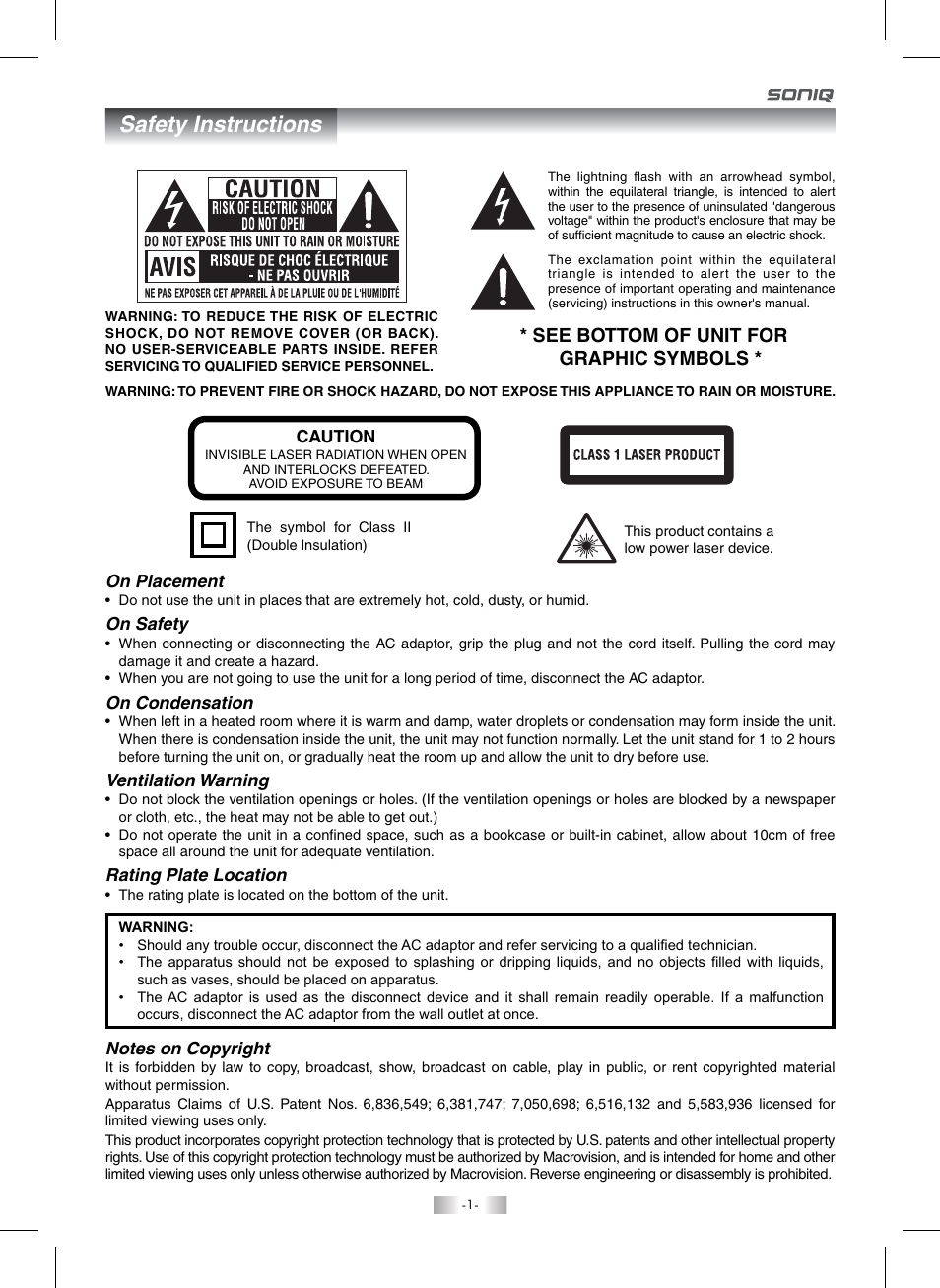 Safety instructions, See bottom of unit for graphic symbols | SONIQ QMI92GB User Manual | Page 2 / 24