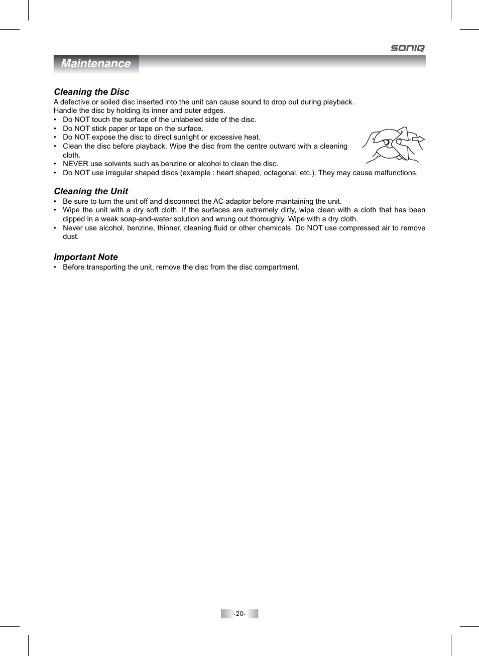 Maintenance | SONIQ QMI92GB User Manual | Page 21 / 24