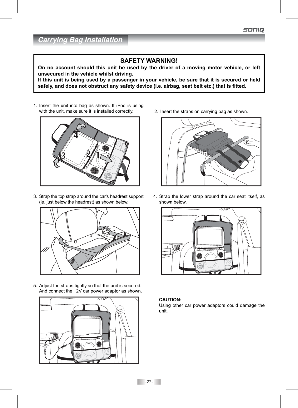 Carrying bag installation, Safety warning | SONIQ QMI92GB User Manual | Page 23 / 24