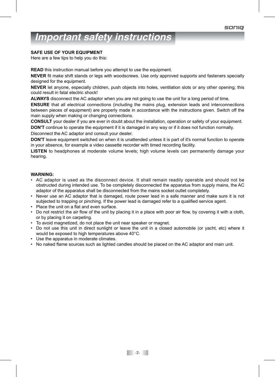 Important safety instructions | SONIQ QMI92GB User Manual | Page 3 / 24