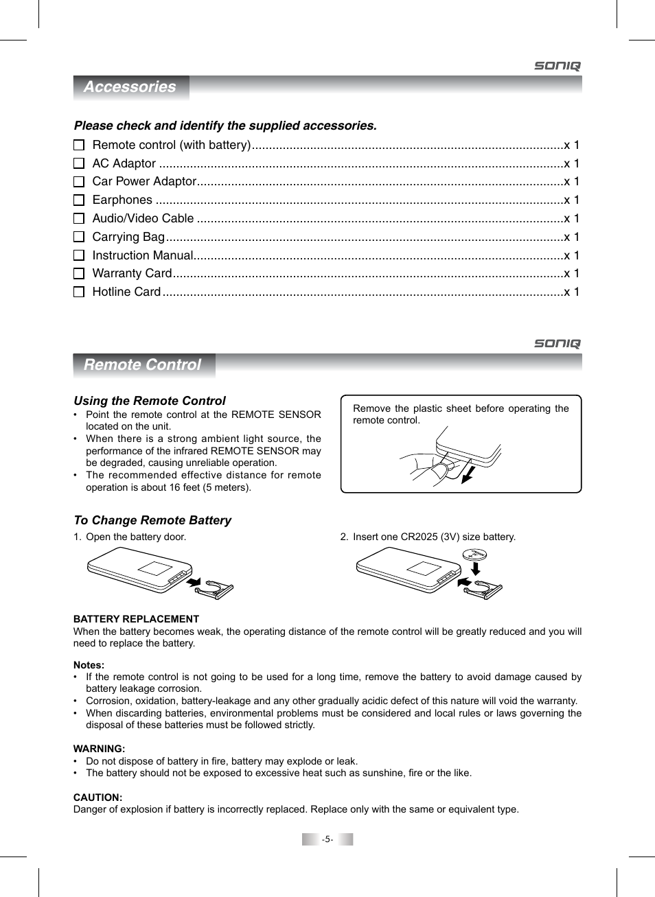 Remote control accessories | SONIQ QMI92GB User Manual | Page 6 / 24